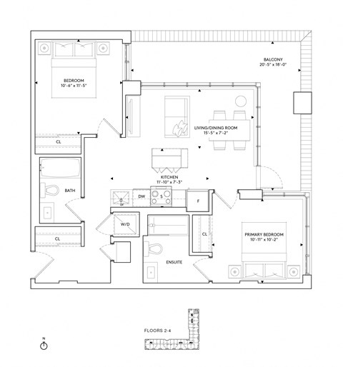Floor plan for 2 beds, 2 baths, 825 sqft